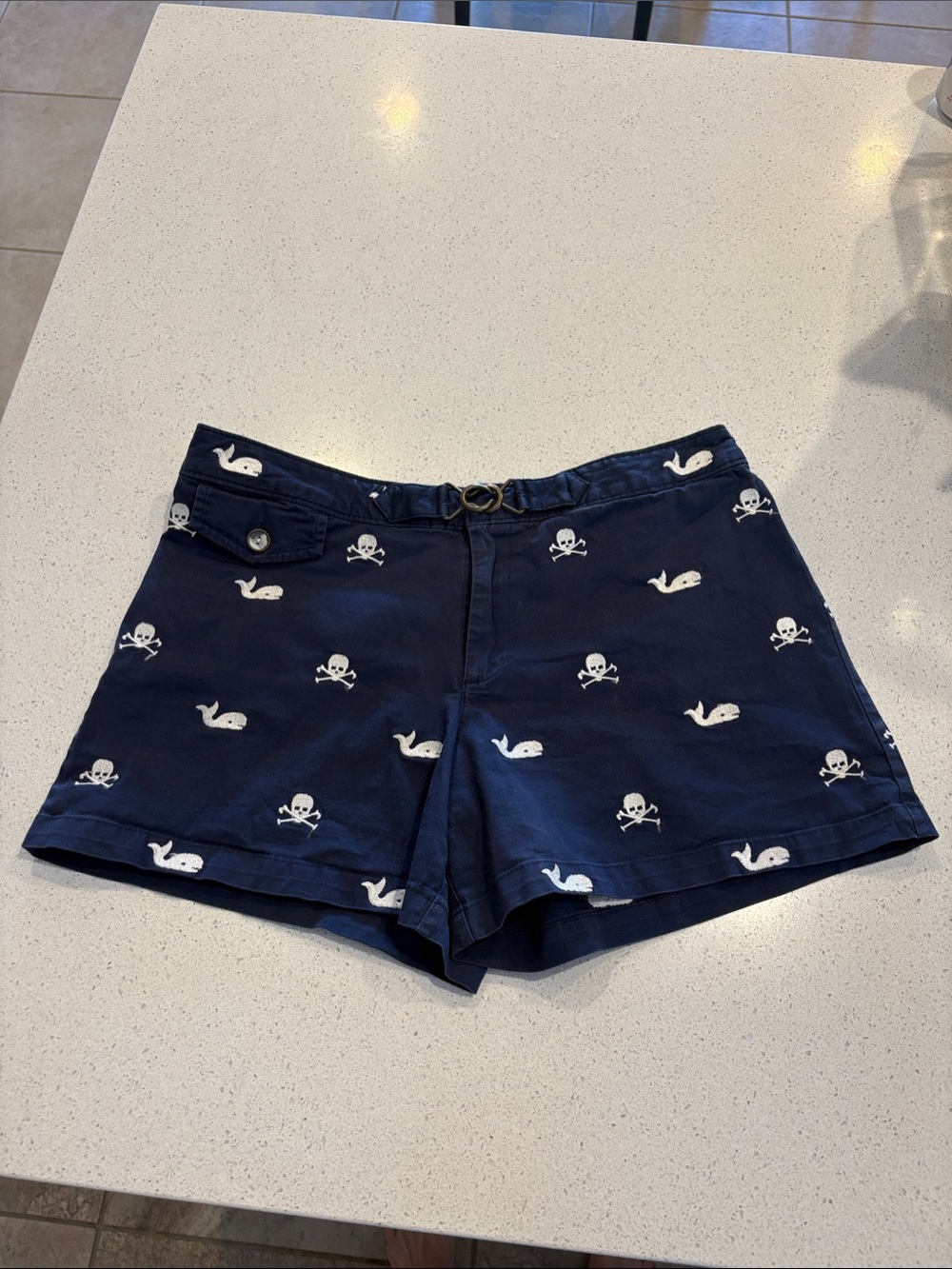 Women's Navy Print Bermuda Shorts with Whale & Skull Motif
